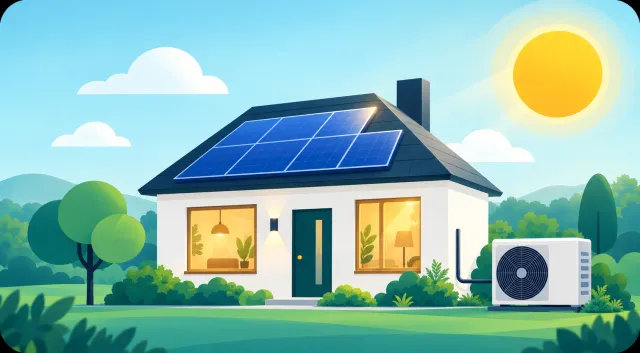 Illustratie van een huis met zonnepanelen en een warmtepomp