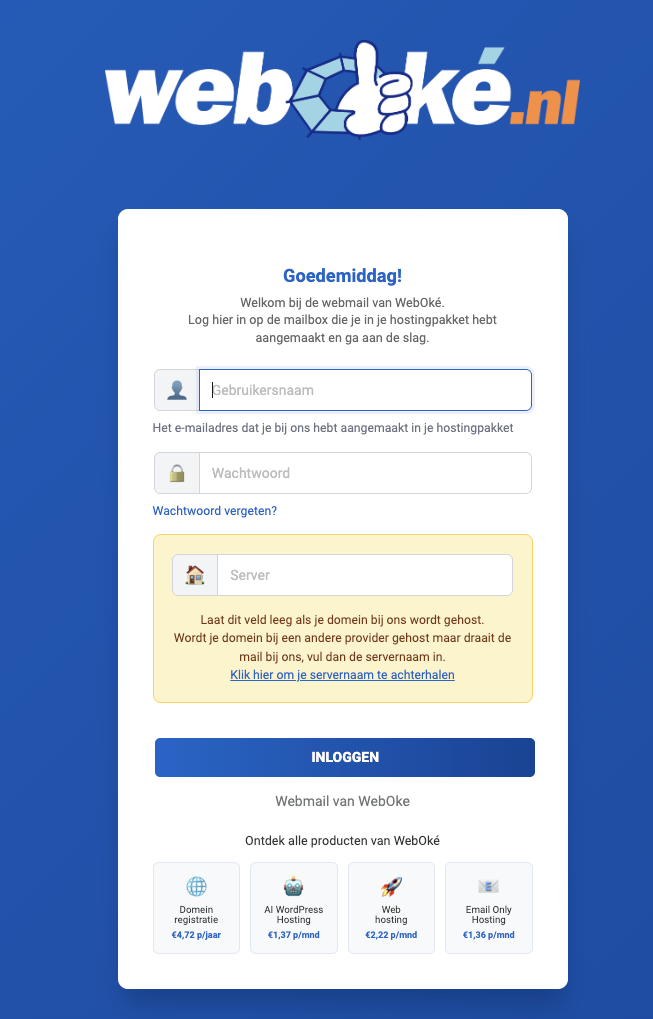 WebOké Webmail inlogscherm
