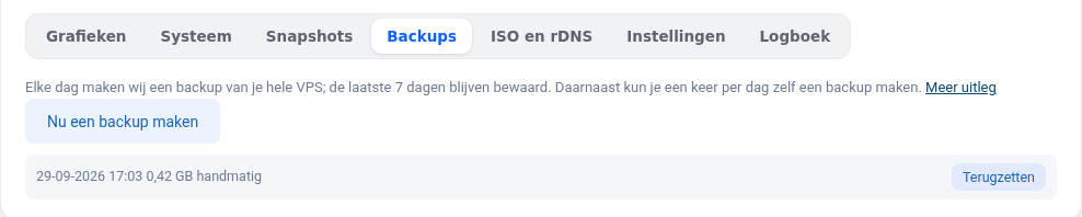 La pestaña Backups con Hacer un backup ahora y Restaurar