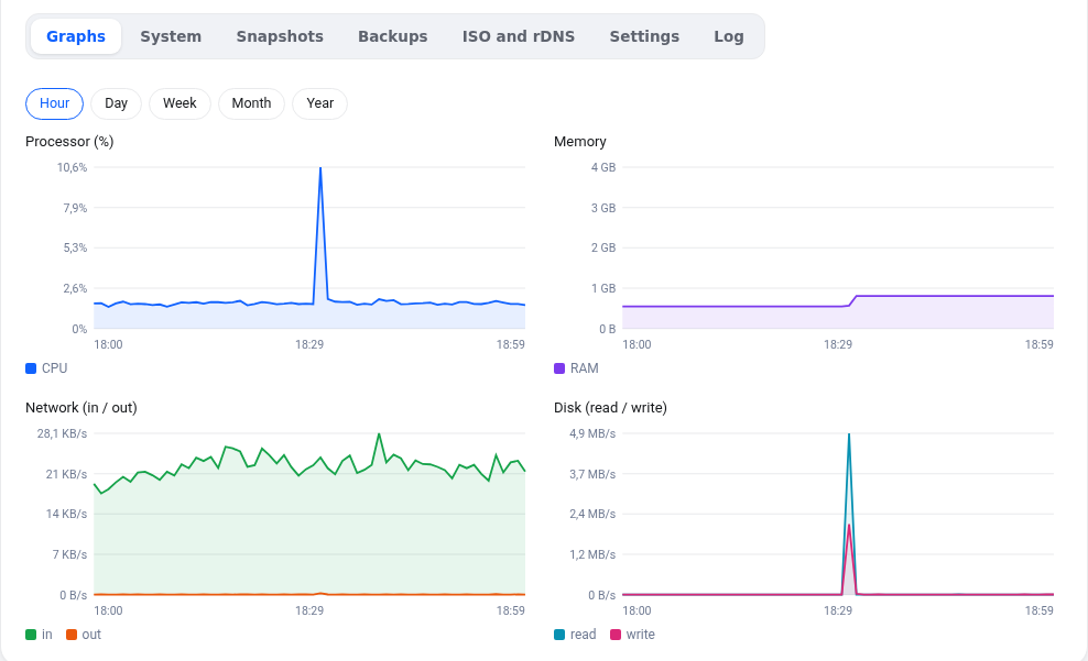 The Graphs tab with processor, memory, network and disk