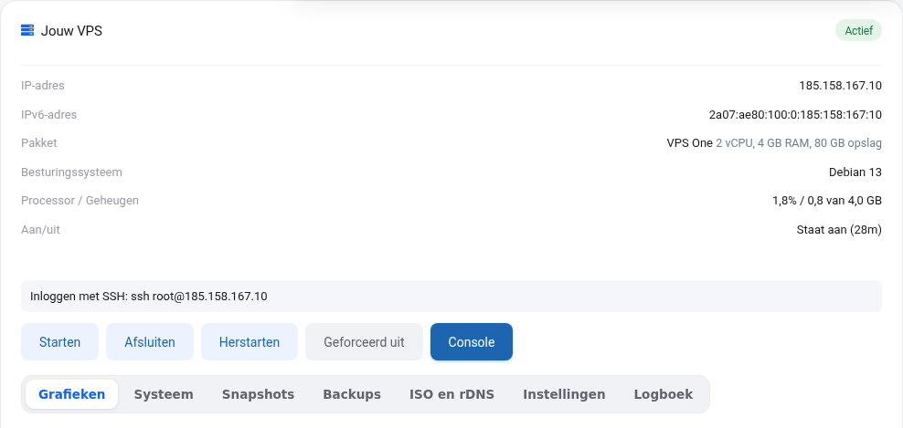 Het VPS-scherm met IP-adressen, pakket, de knoppen en de tabbladen