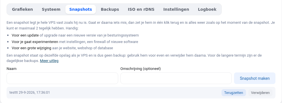 Het tabblad Snapshots in het VPS-scherm