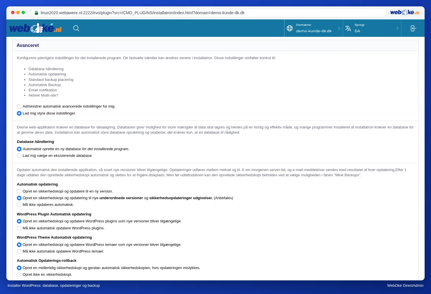 Blokken Avanceret i installationsformularen med valgene for database, automatiske opdateringer og backups