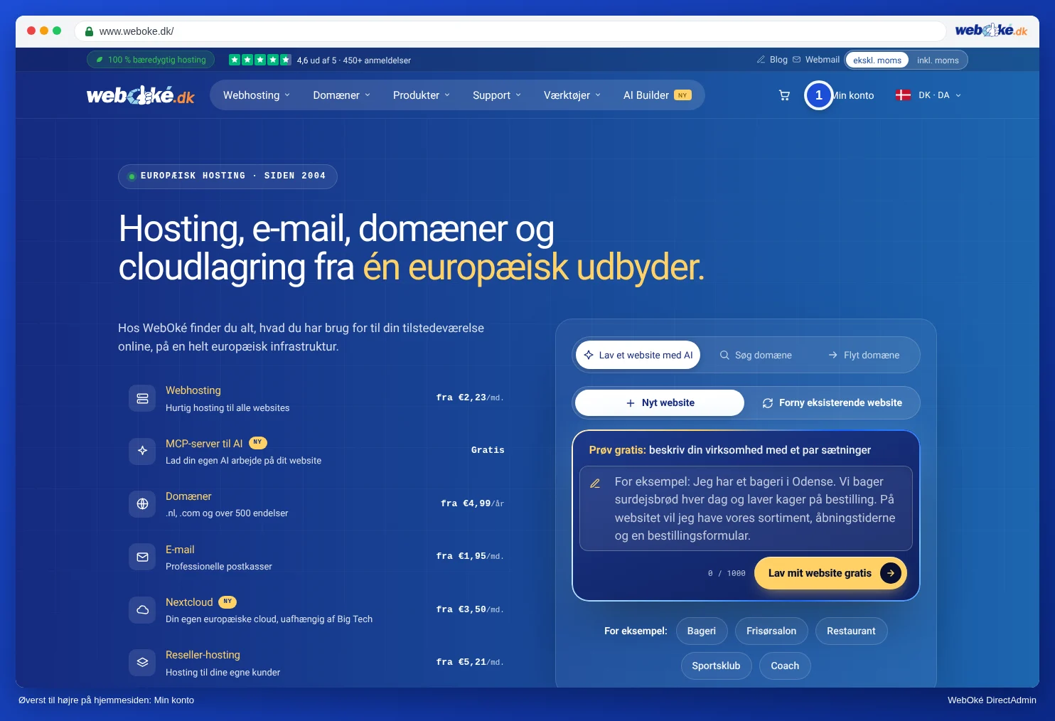 WebOkés hjemmeside med linket Min konto øverst til højre