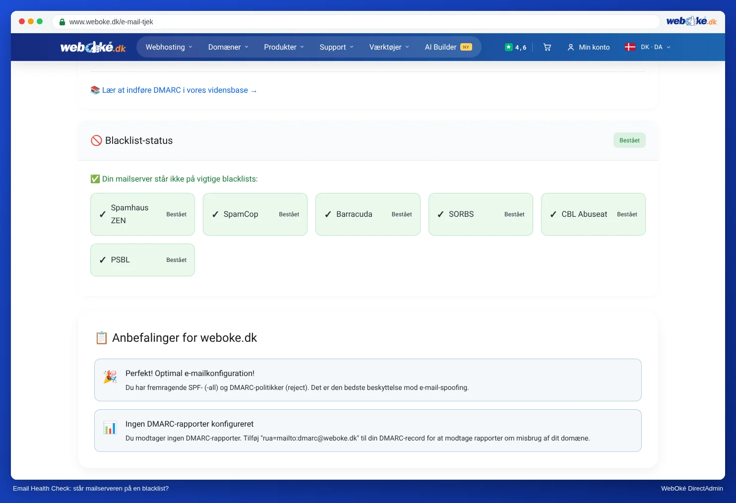 Blacklist-delen af Email Health Check med oversigt over, om mailserveren står på hver enkelt liste
