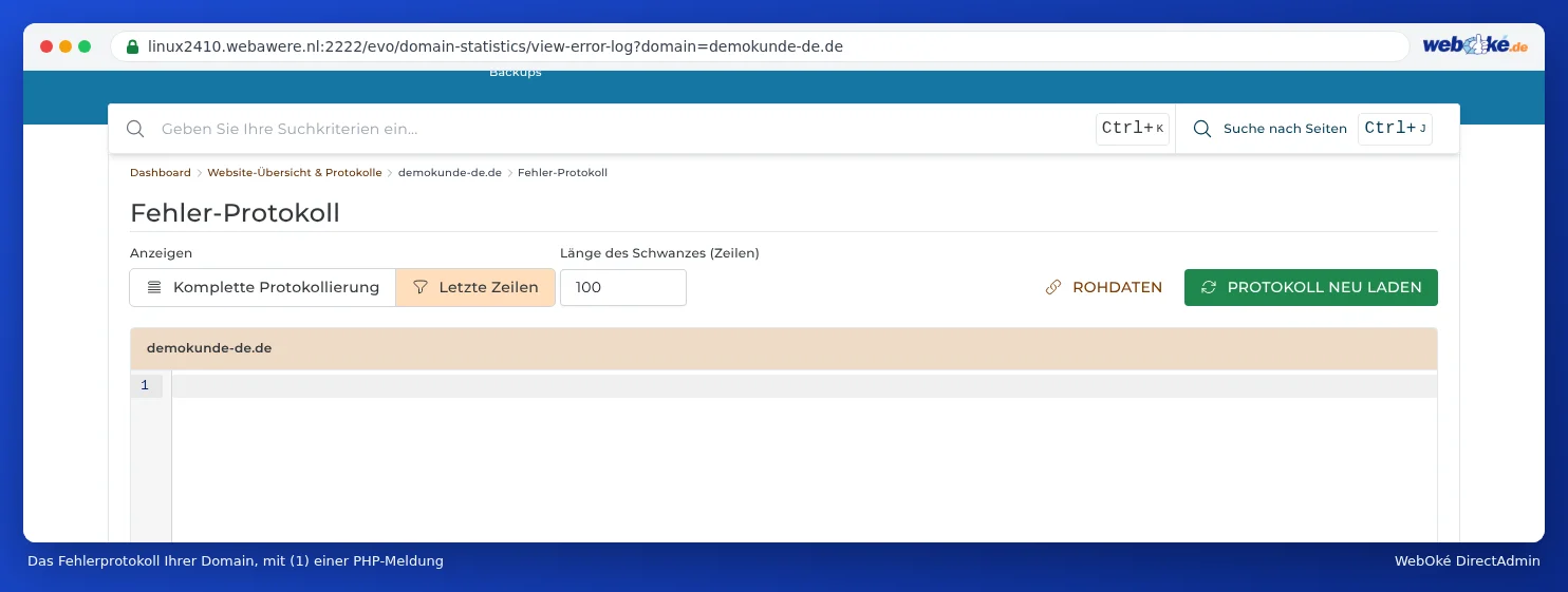 Das Fehlerprotokoll von beispieldomain5.nl mit unten einer Zeile PHP Warning mit dem Pfad zur Datei und der Zeilennummer