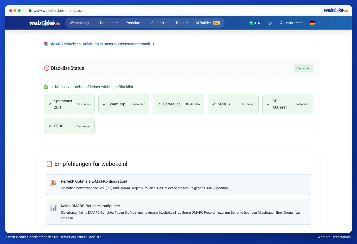Der Bereich Blacklists des Email Health Check mit Angabe je Liste, ob der Mailserver darauf steht