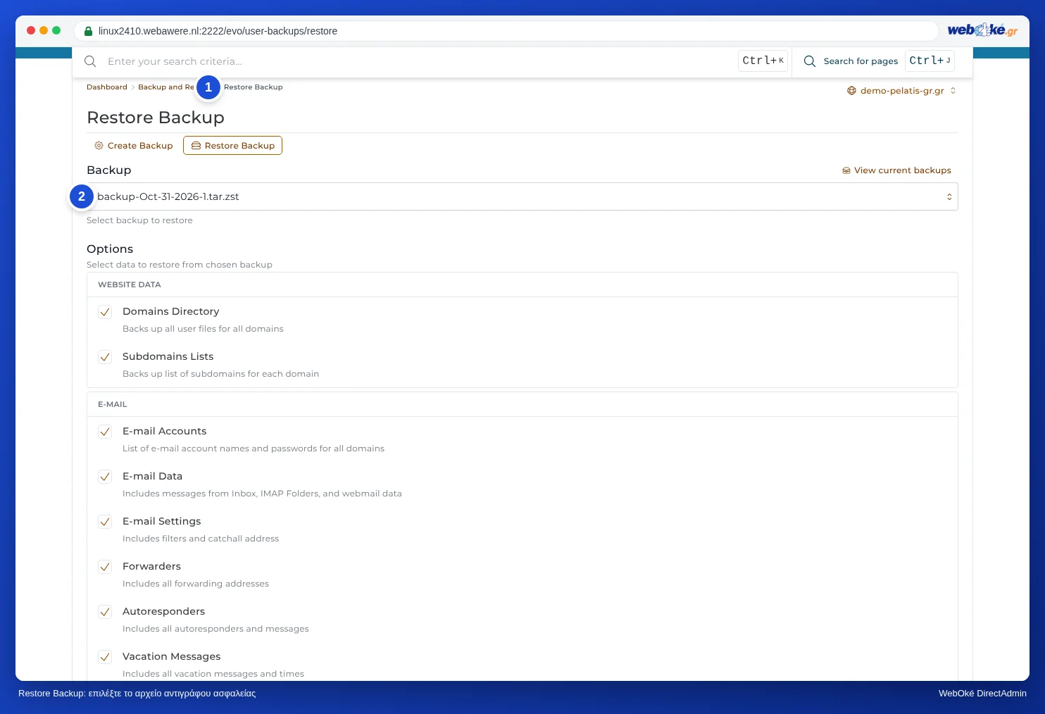 Η καρτέλα Restore Backup του Backup and Restore με το επιλεγμένο αρχείο backup και τις επιλογές