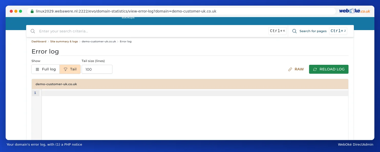 The error log of exampledomain5.com with a PHP Warning line at the bottom showing the file path and line number