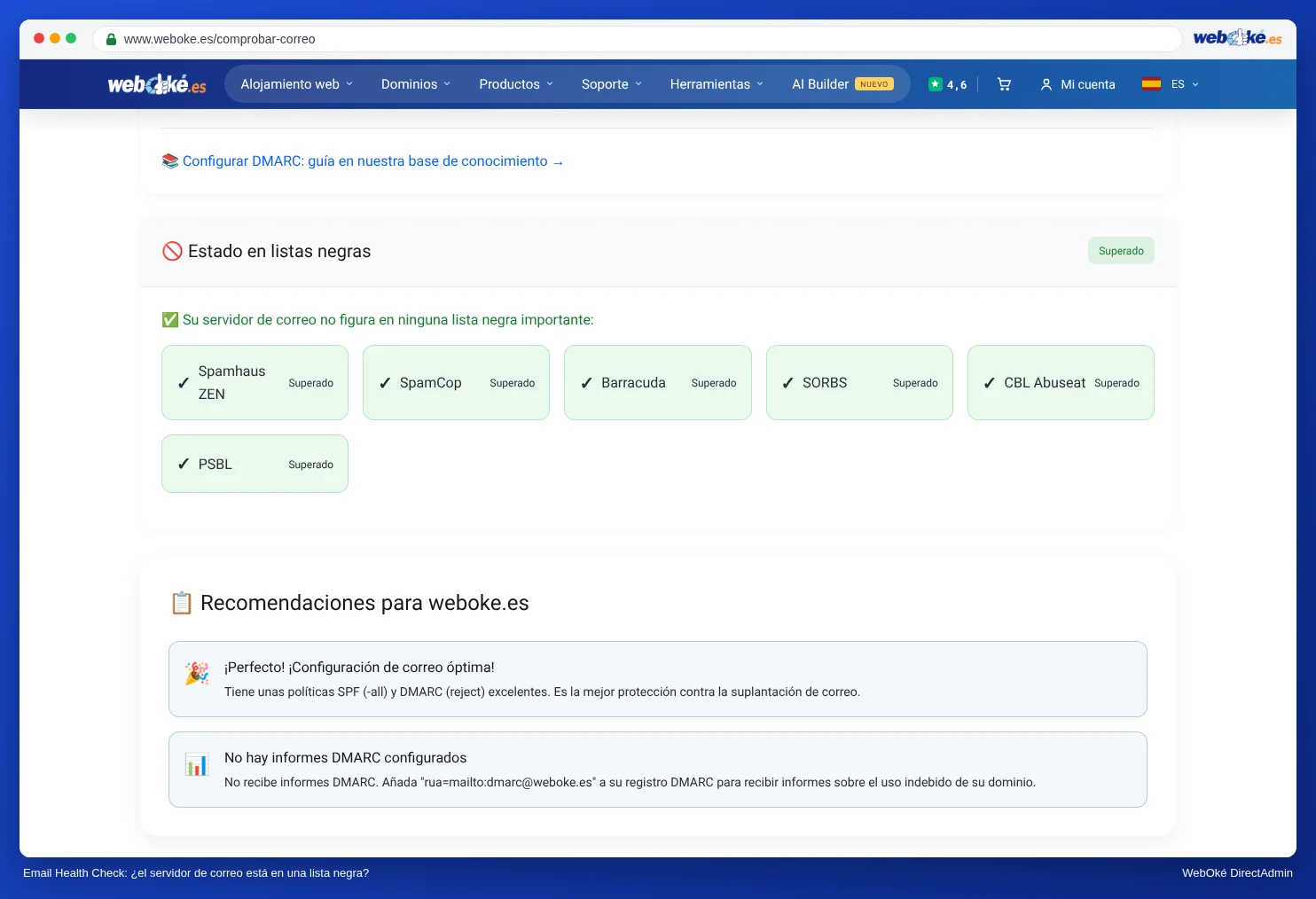 El apartado de listas negras del Email Health Check con cada lista y si el servidor de correo figura en ella