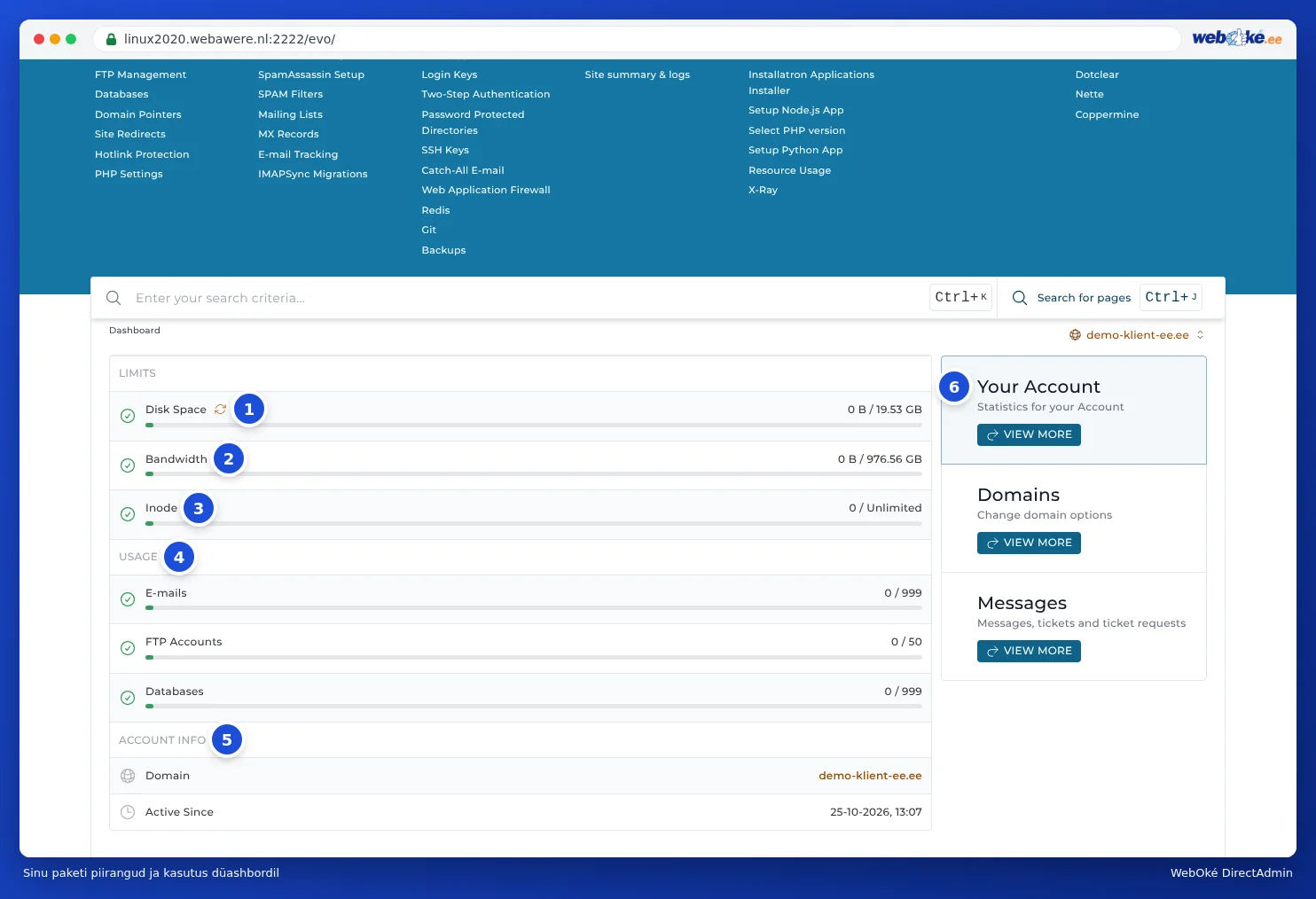 Piirangute plokk töölaual: Disk Space, Bandwidth ja Inode, selle all e-postide, FTP-kontode ja andmebaaside kasutus