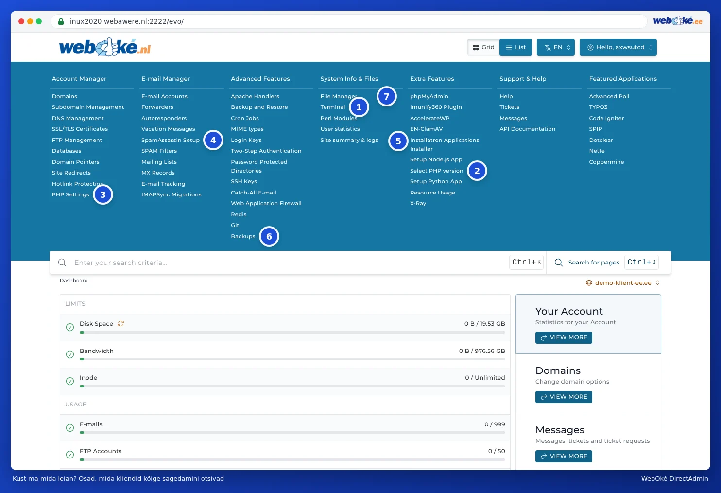DirectAdmini menüü koos nummerdatud märgistega Terminal, Select PHP version, PHP Instellingen, SpamAssassin instellen, Installatron, Backups ja Bestandsbeheer juures