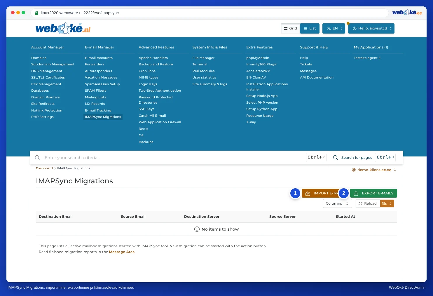 Leht IMAPSync Migrations koos nuppudega Import e-mails ja Export e-mails ning tühja migratsioonide loendiga