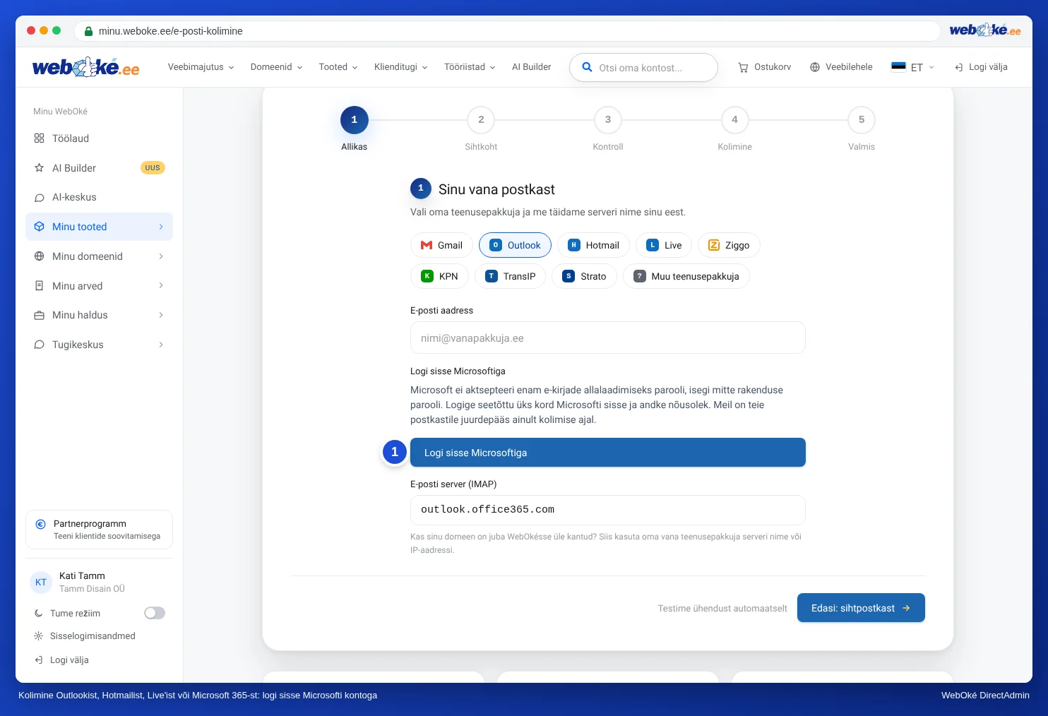 E-mail verhuizen, kus vanaks teenusepakkujaks on valitud Outlook ning kuvatud plokk Inloggen bij Microsoft