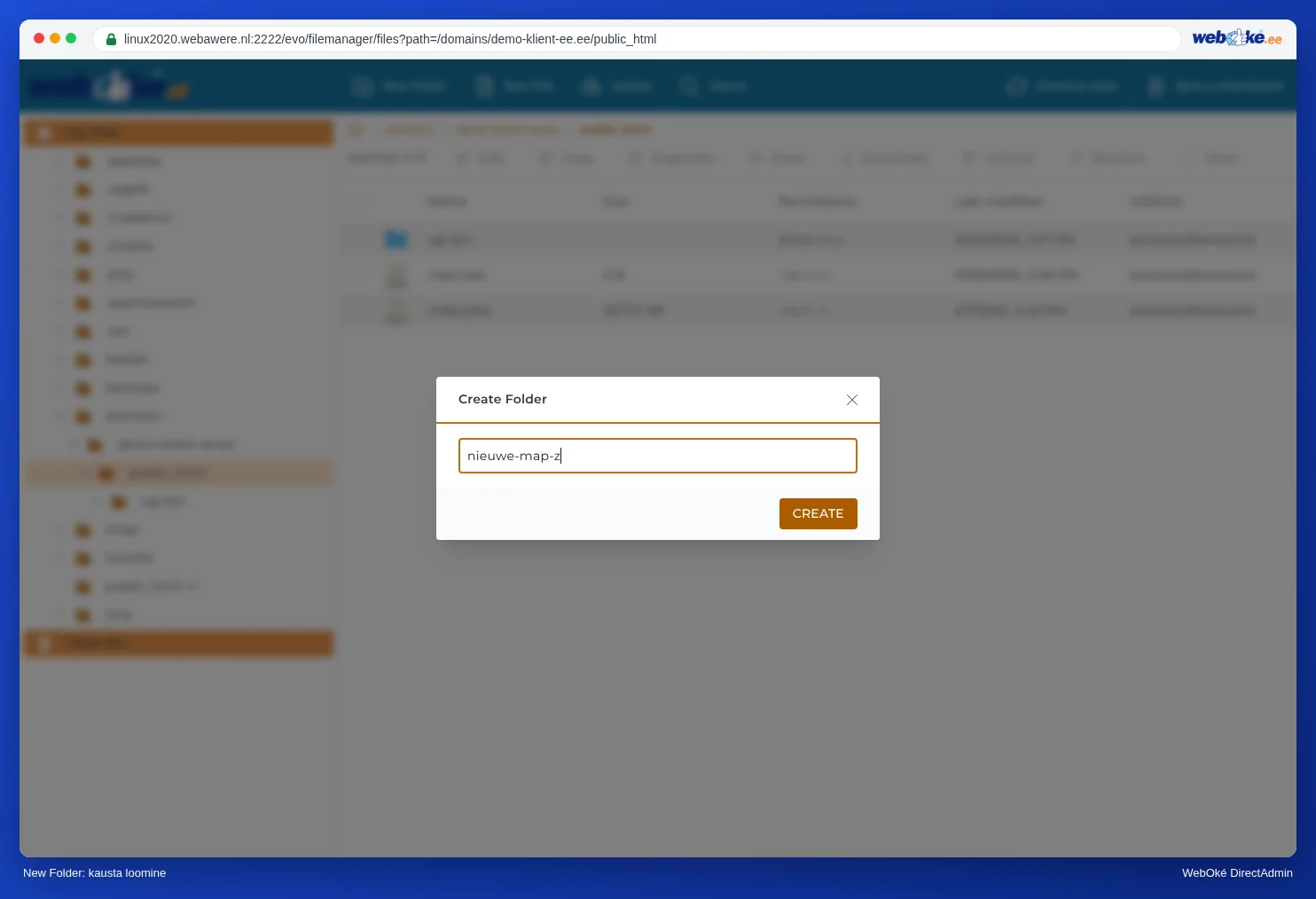 Aken Create Folder File Manageris nimega nieuwe-map-z ja nupuga Create