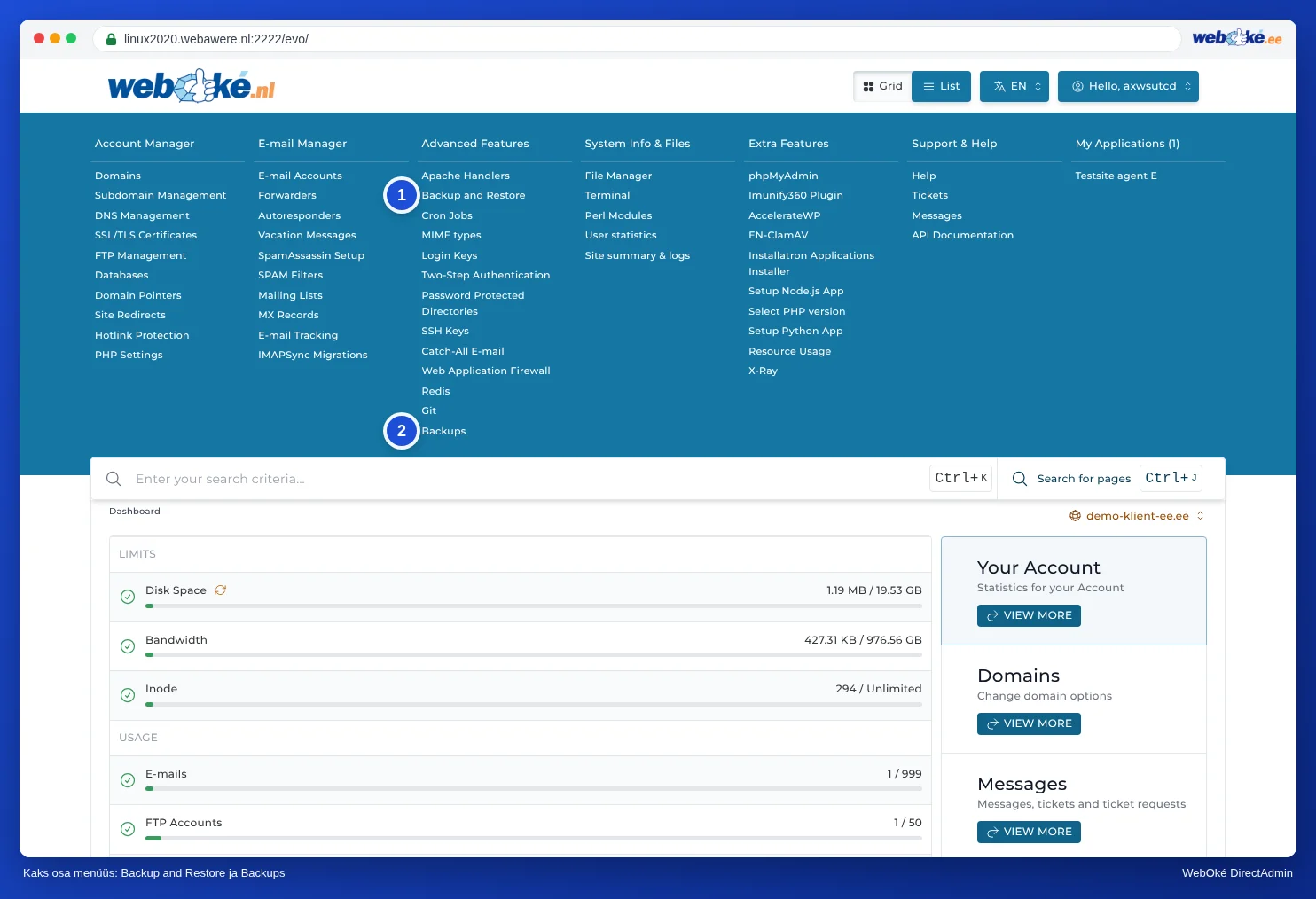 DirectAdmini menüü, kus Advanced Features all on jaotised Backup and Restore ja Backups