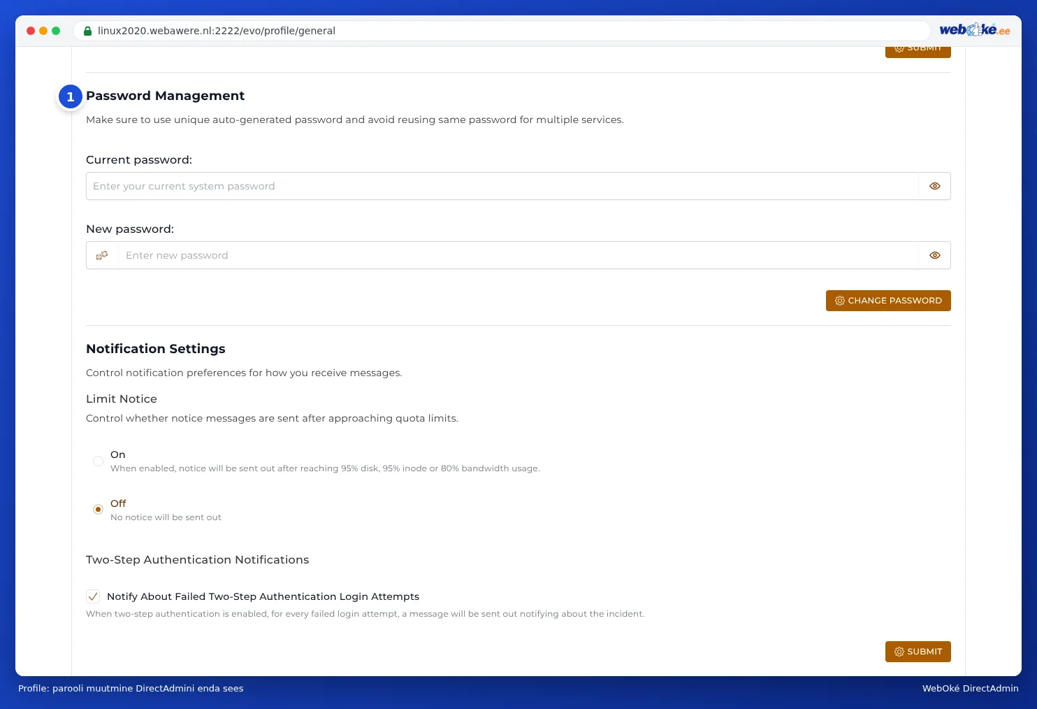 Profiili vahekaart Algemeen DirectAdminis koos plokiga Password Management
