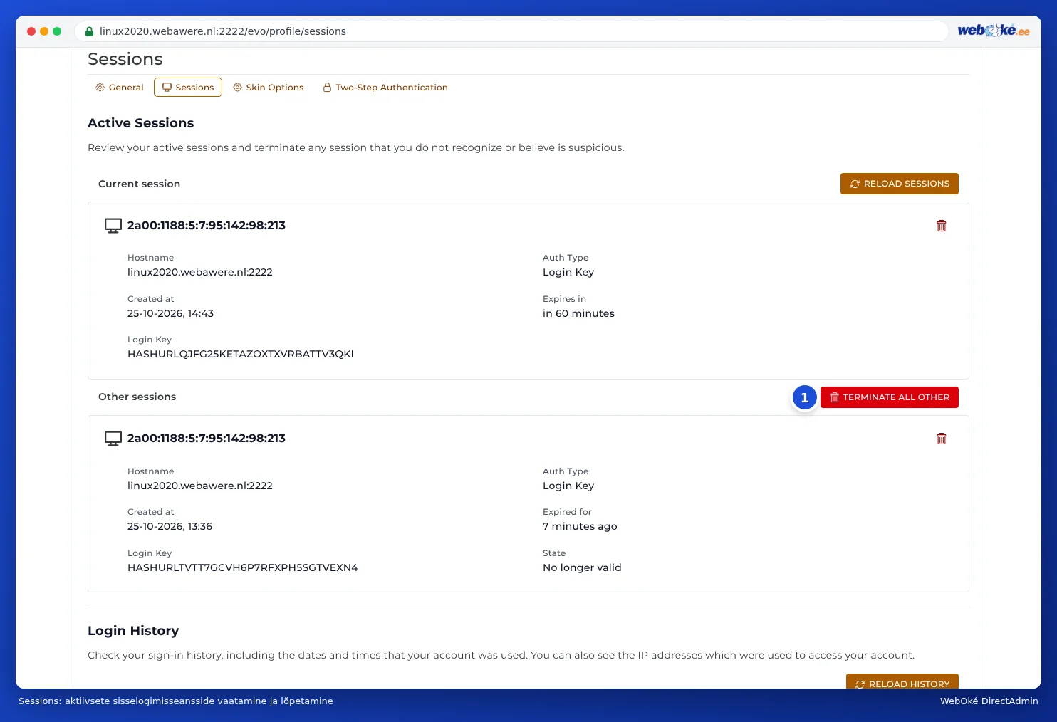 Vaheleht Sessions DirectAdmini profiilis koos praeguse sessiooni ja nupuga Terminate all other