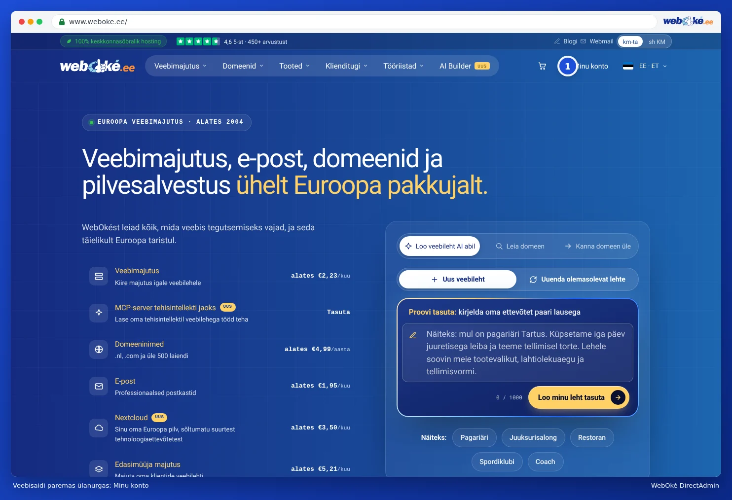 WebOké veebisait, kus paremal üleval on link Minu konto