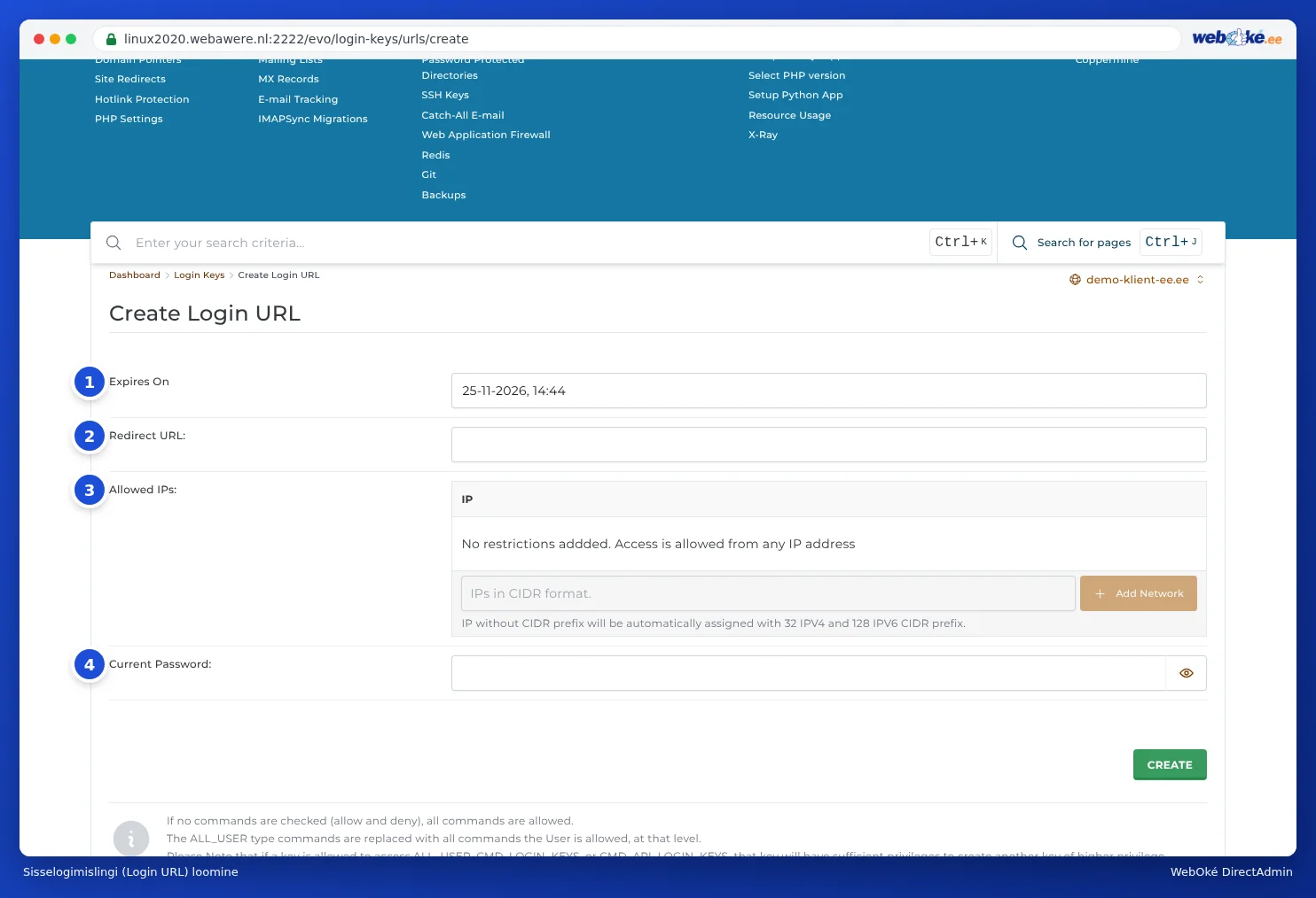 Vorm Login URL Aanmaken koos väljadega Verloopt op, Omleiding URL, Toegestaan IP adressen ja Huidige Wachtwoord