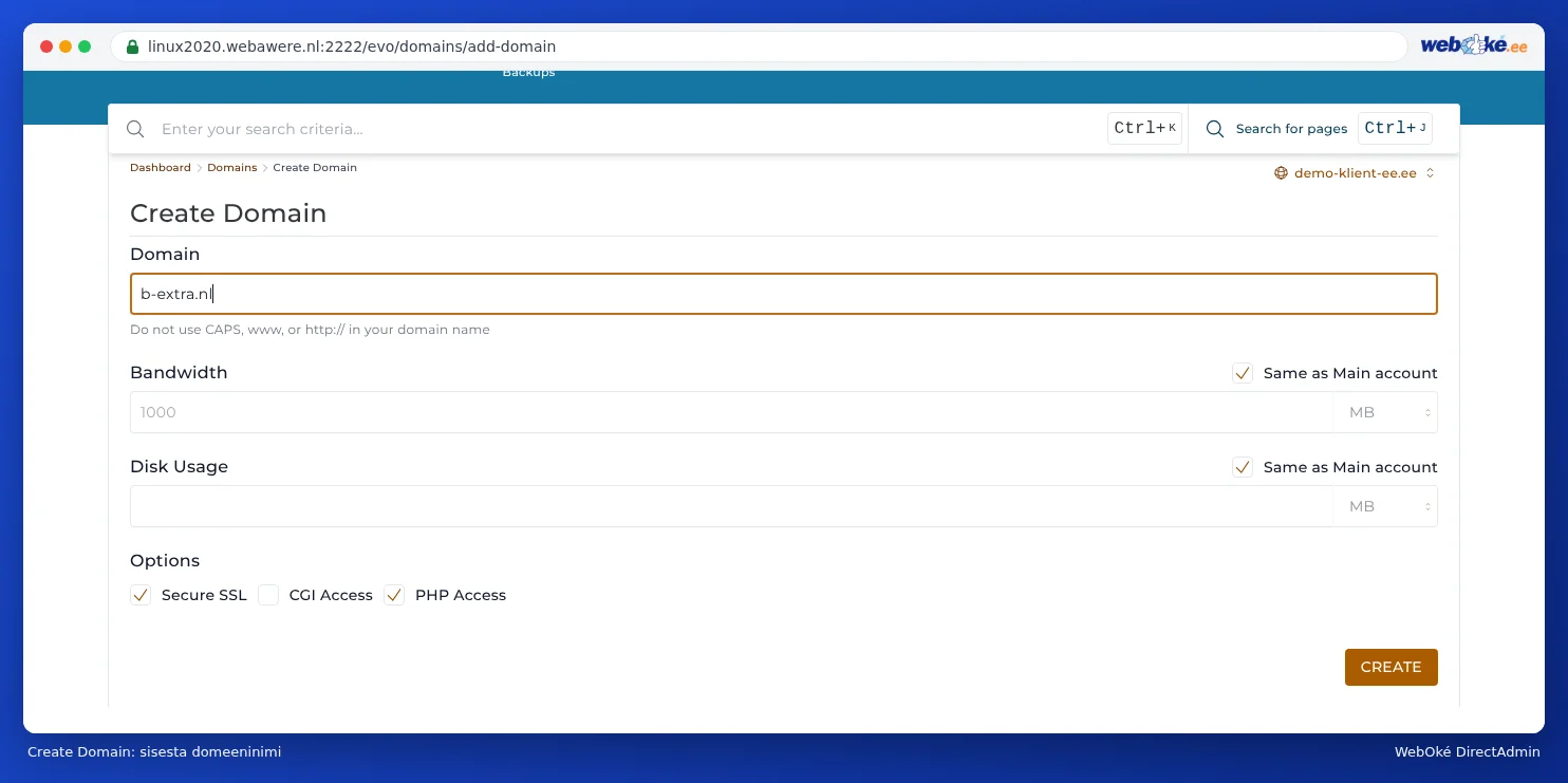 Lehekülg Create Domain väljaga Domain ja märgetega Same as Main account