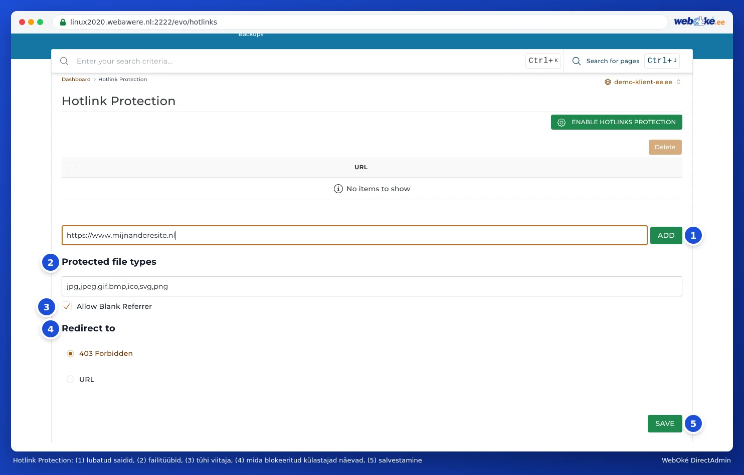 Hotlink Protection leht koos lubatud URL'ide nimekirja, failitüüpide, Allow Blank Referrer, Redirect to valikute ja nupuga Opslaan