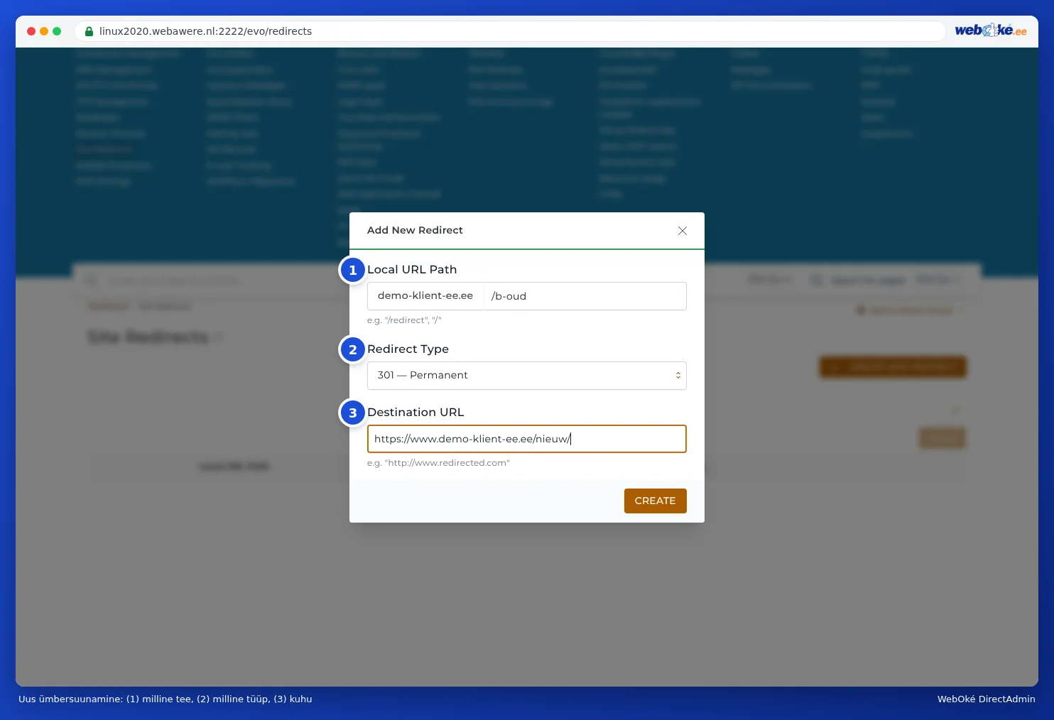 Aken Nieuwe Omleiding Toevoegen väljadega Lokaal URL pad, Omleidings Type ja Bestemmings URL