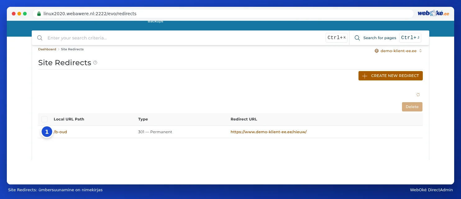 Site Omleiden koos uue edasisuunamisega loendis