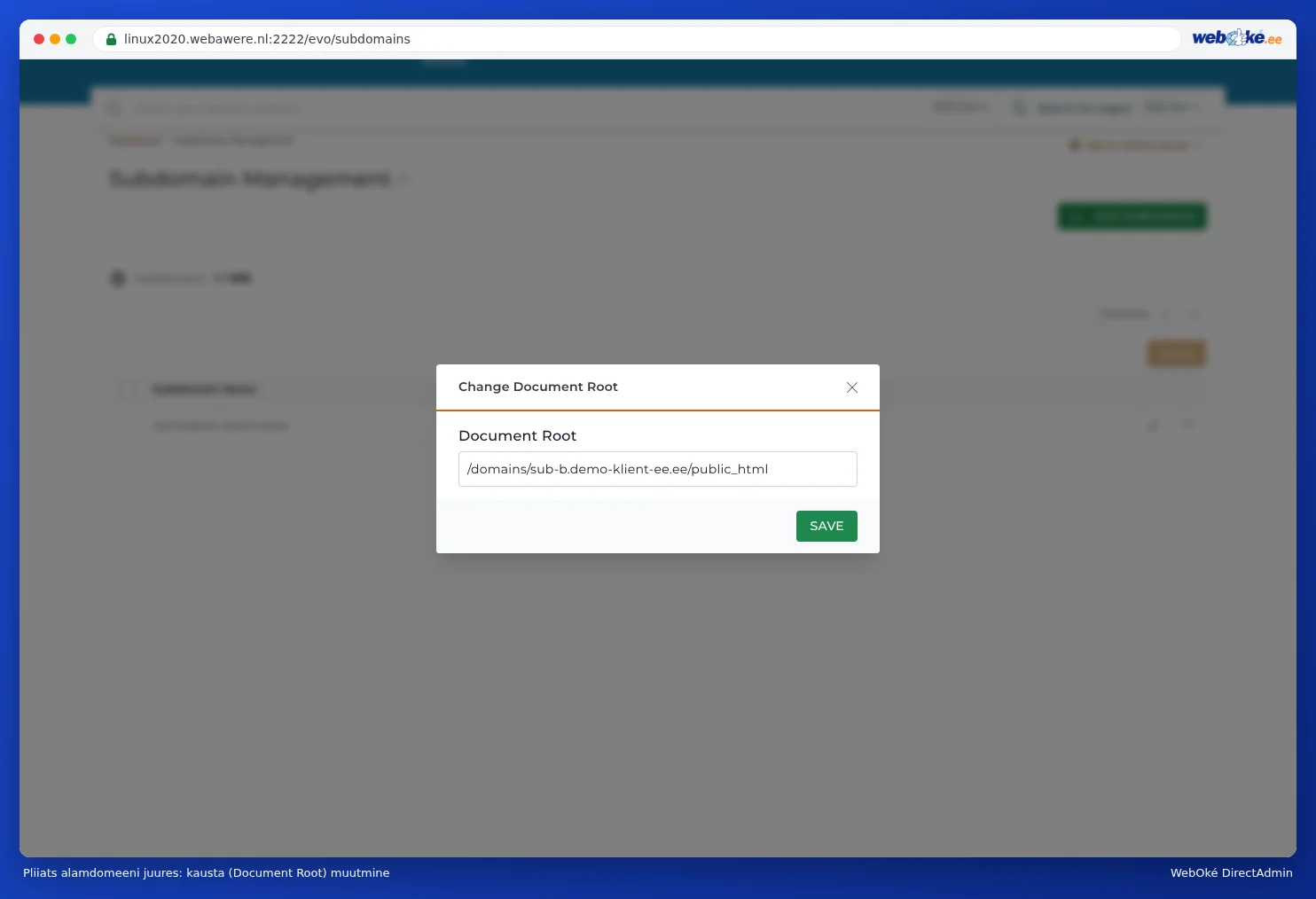 Aken Change Document Root koos väljaga Document Root ja nupuga Save