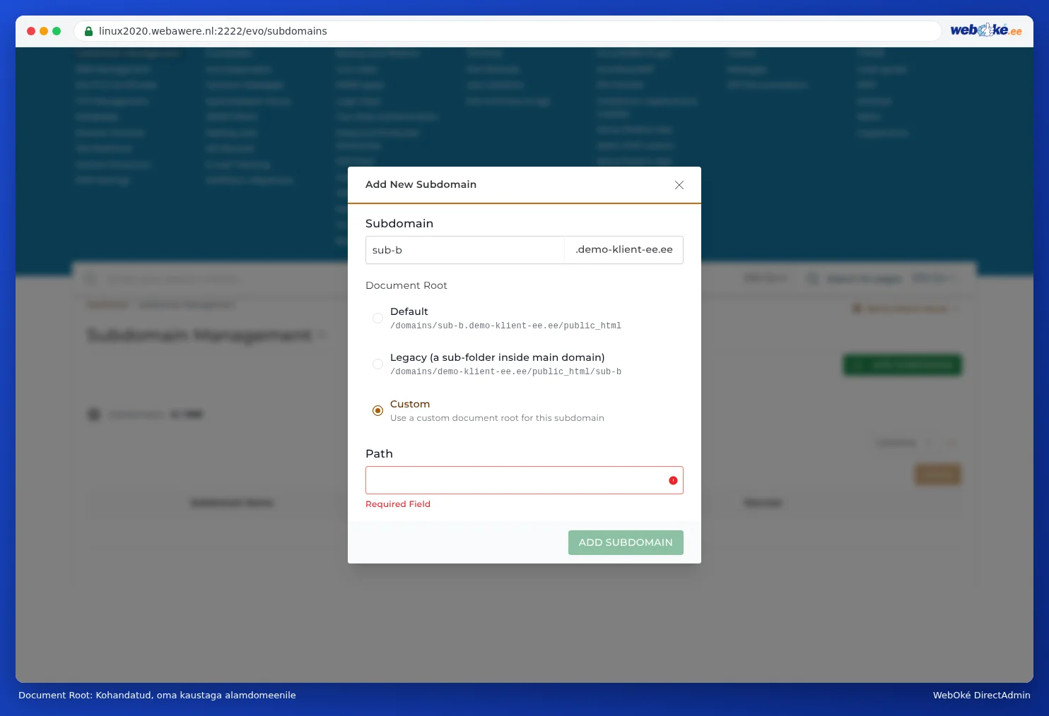 Aken Add New Subdomain, kus Document Root juures on valitud Custom ja väli oma kausta jaoks