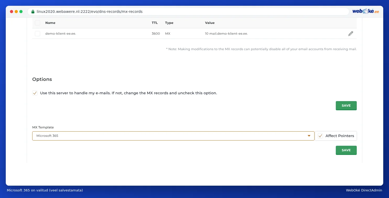 Lehekülg MX Records, kus MX Template juures on valitud Microsoft 365, kuid veel salvestamata