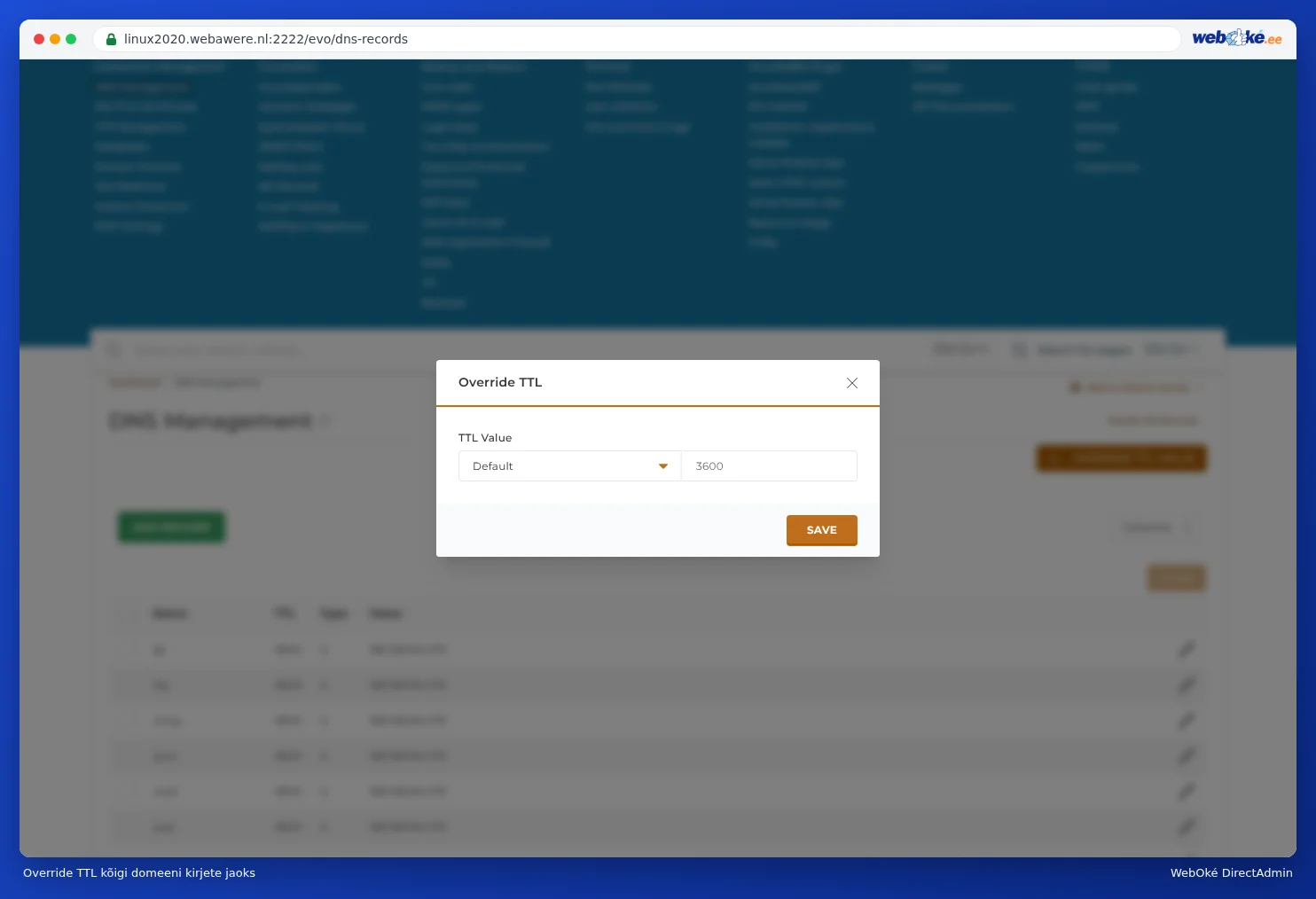 Aken Override TTL väljaga TTL Value väärtusel Default ja nupuga Salvesta