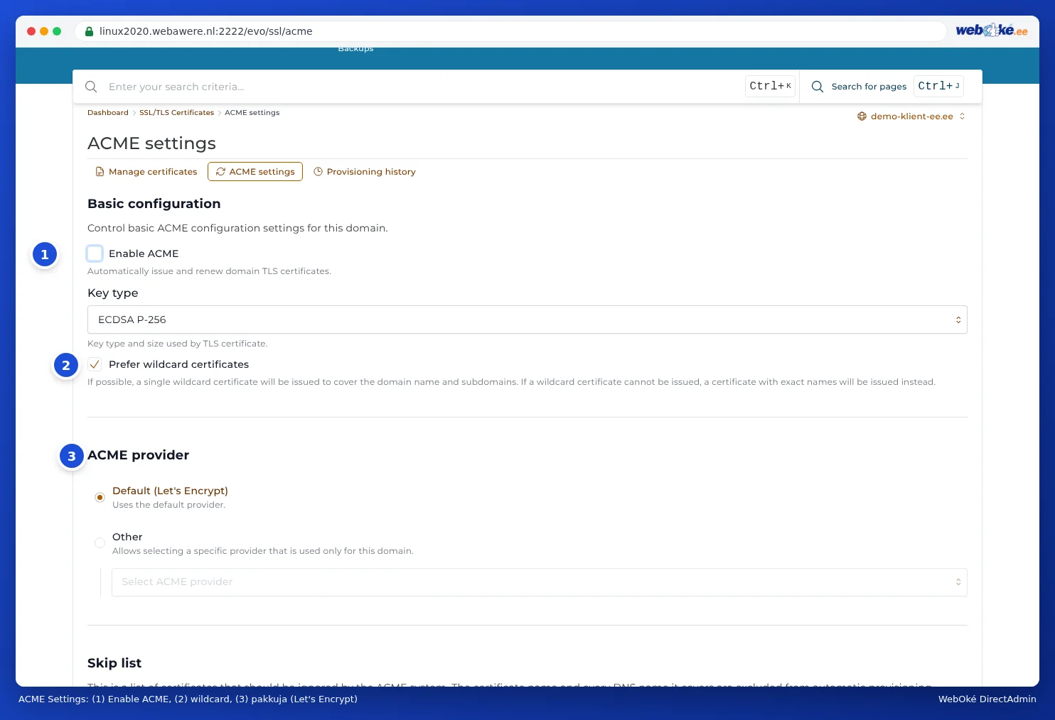 ACME Settings leht, kus Enable ACME on märgitud, Type sleutel on ECDSA P-256, Prefer wildcard certificates ja ACME provider juures Let's Encrypt