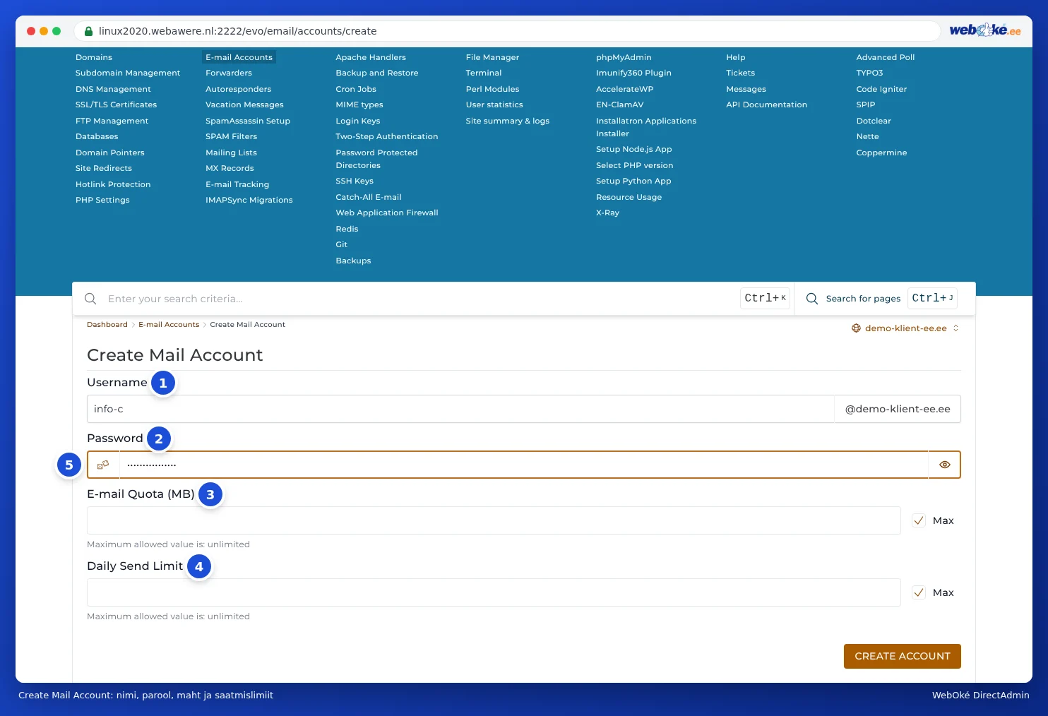 Create Mail Account aken väljadega User Name, Parool, E-mail Quota ja Daily Send Limit