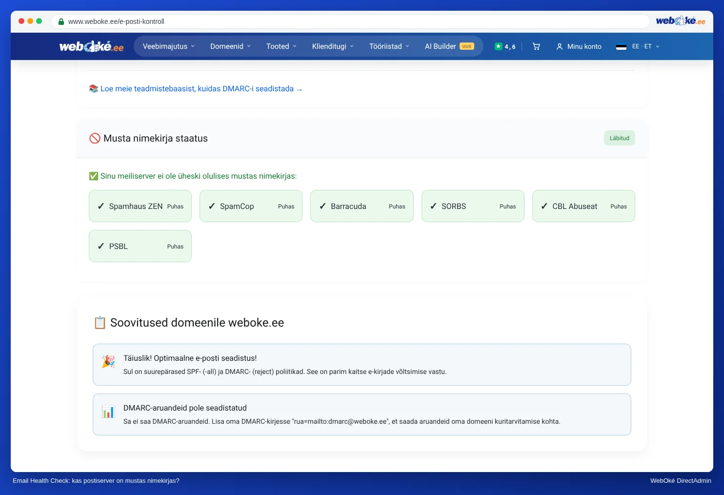 Email Health Check'i mustade nimekirjade osa, kus on iga nimekirja kohta näha, kas meiliserver seal on