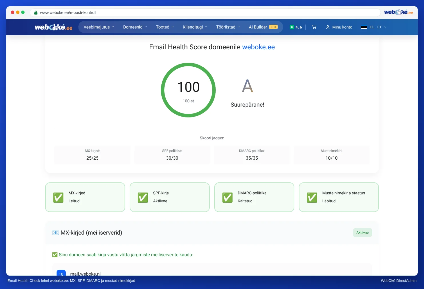 Email Health Checki tulemus WebOké veebilehel koos hinnangu ning MX, SPF ja DMARC kontrollidega