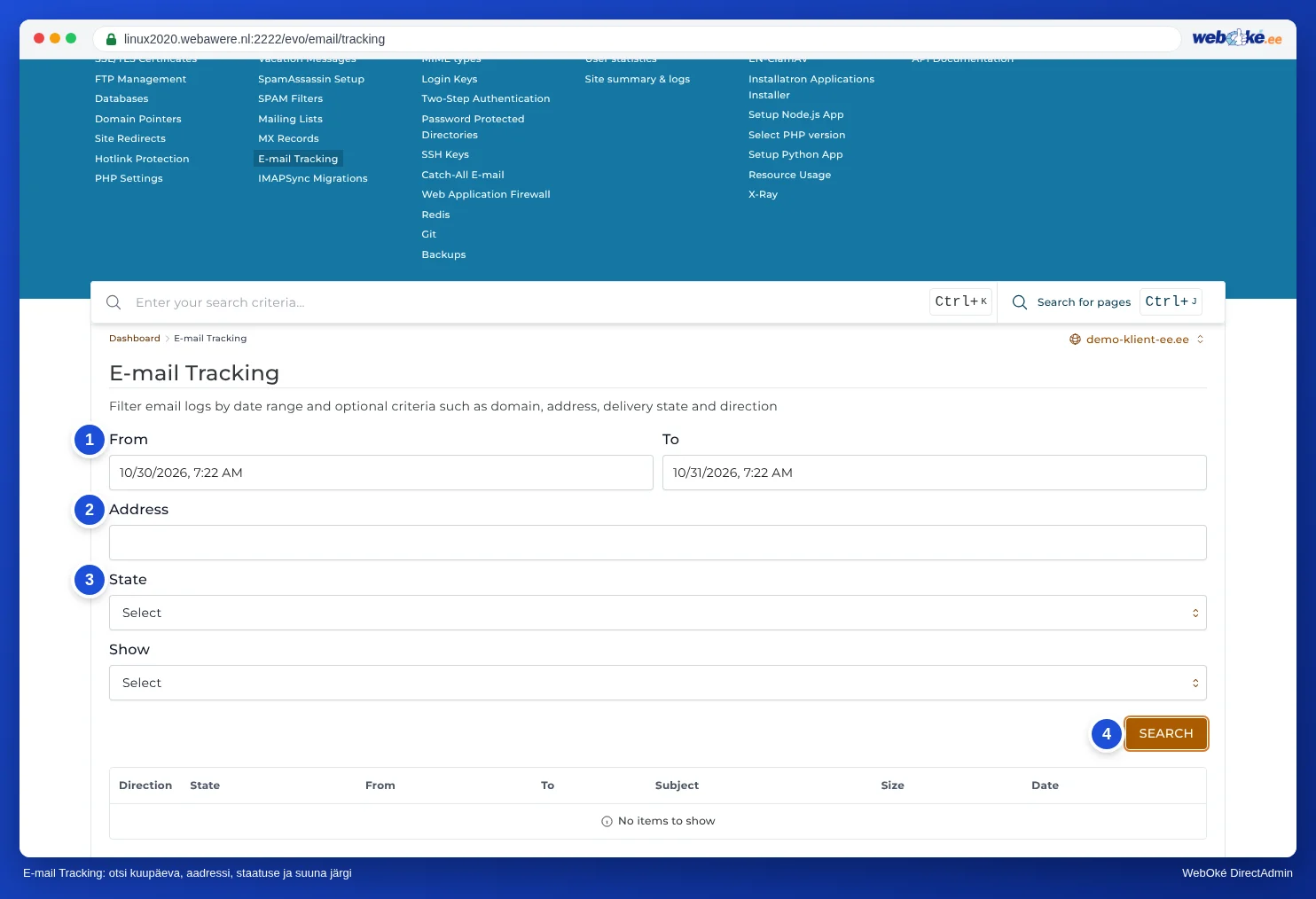 E-mail Tracking otsinguväljadega From, To, Address, State ja Show, all kaks kohale toimetatud kirja