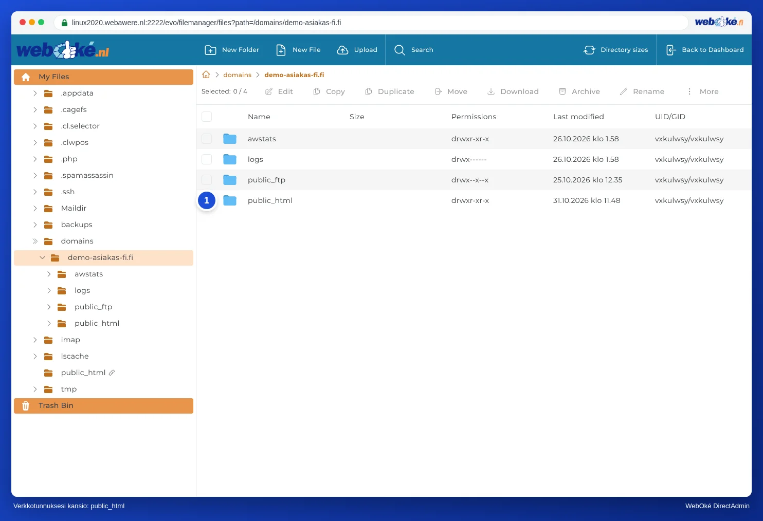 Verkkotunnuksen esimerkkiverkkotunnus5.nl kansio File Managerissa, kansiot public_html, private_html, logs, public_ftp ja awstats