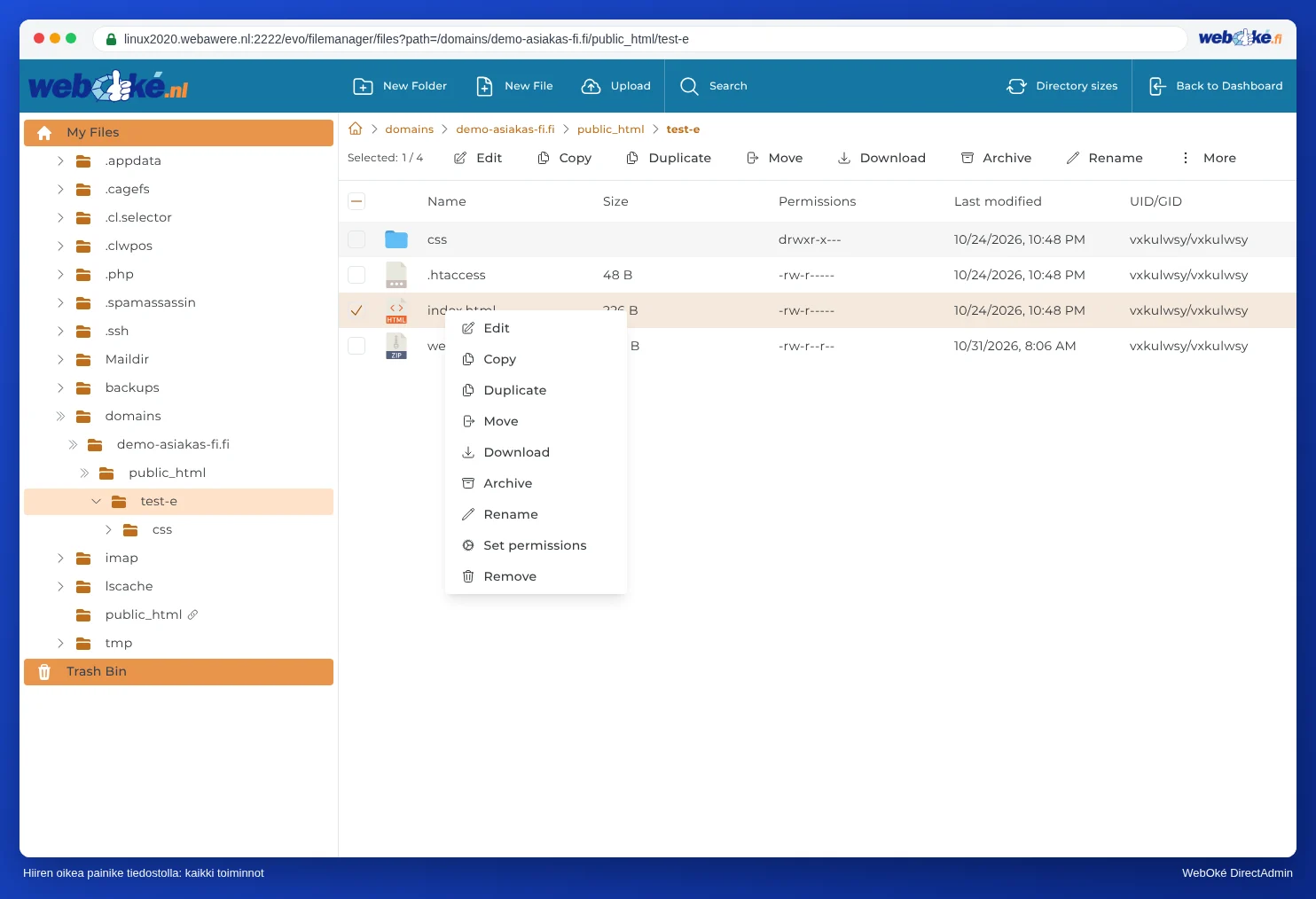 Valikko, joka avautuu klikattaessa tiedostoa hiiren oikealla painikkeella, sisältää vaihtoehdot Modify, Copy, Duplicate, Move, Download, Archive, Rename, Set Permissions ja Delete