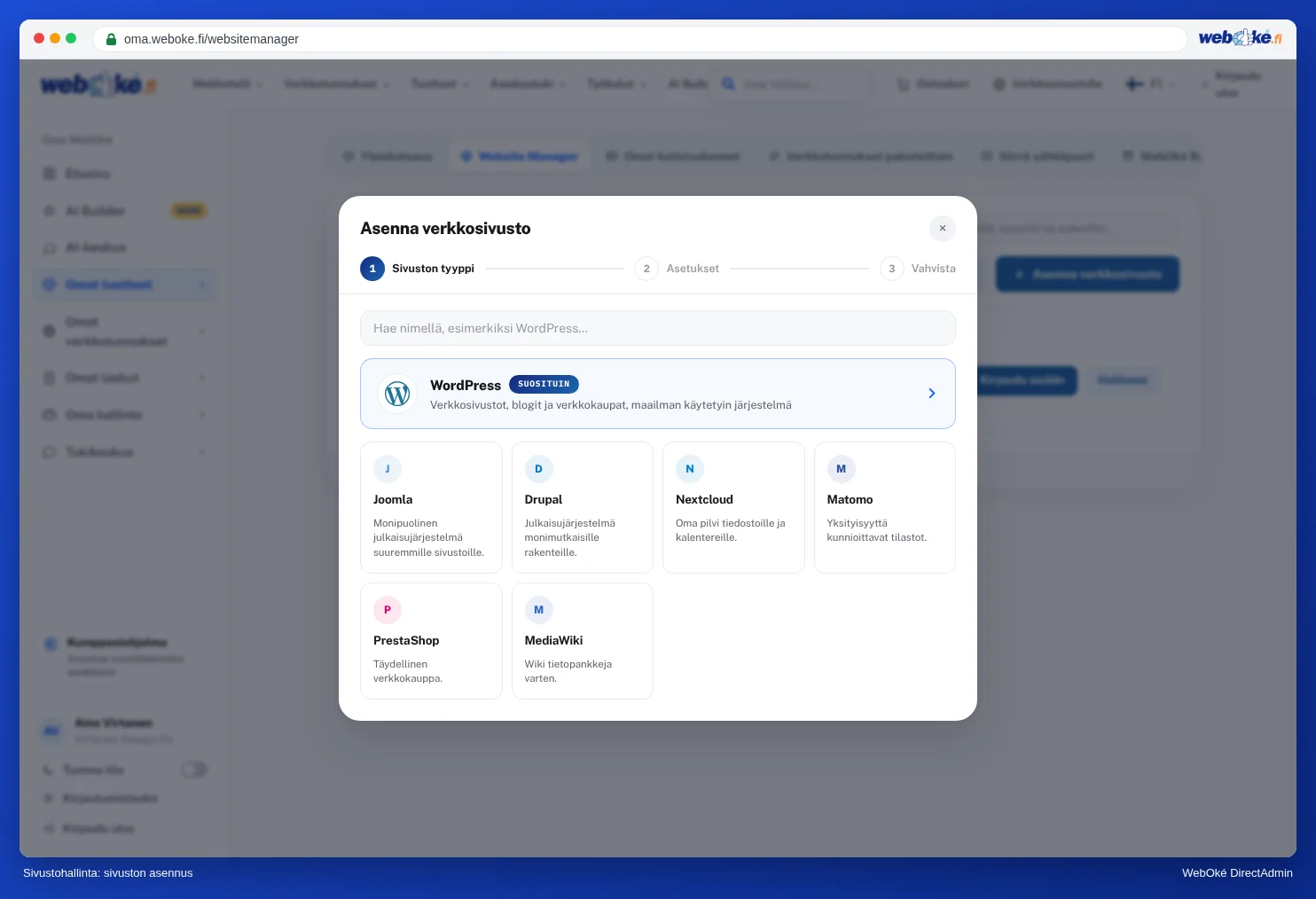 Website Managerin Asenna verkkosivusto -ikkuna, jossa WordPress ylimpänä ja muita ohjelmistoja kuten Joomla, Drupal ja Nextcloud