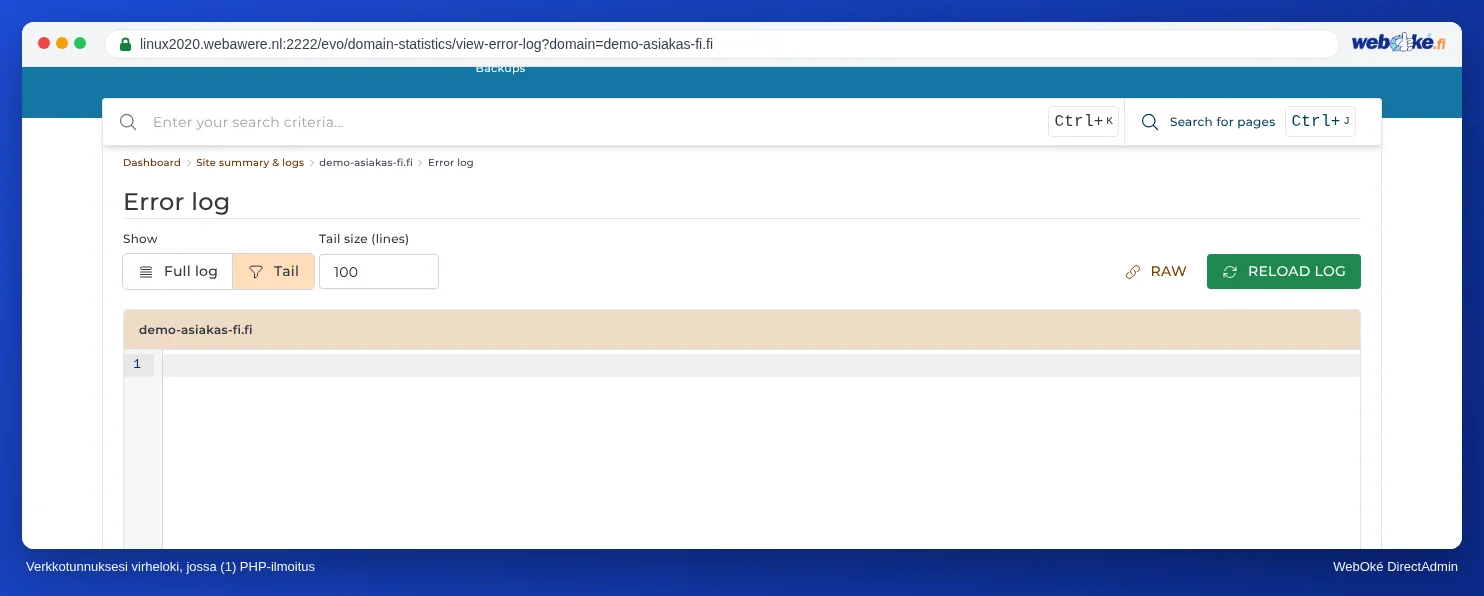 Esimerkkiverkkotunnuksen5.nl virhelokissa alimpana rivi PHP Warning, jossa näkyy tiedoston polku ja rivinumero