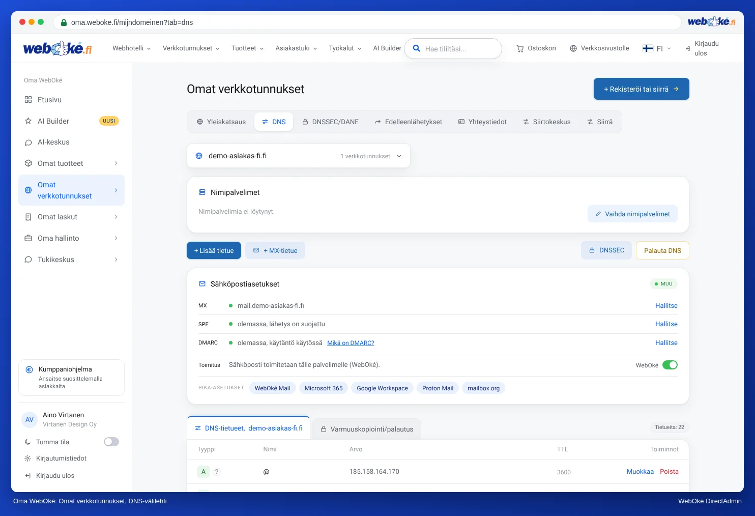 Omat verkkotunnukset Oma WebOkéssa, välilehti DNS, verkkotunnuksen sähköpostiasetukset ja DNS-tietueiden luettelo