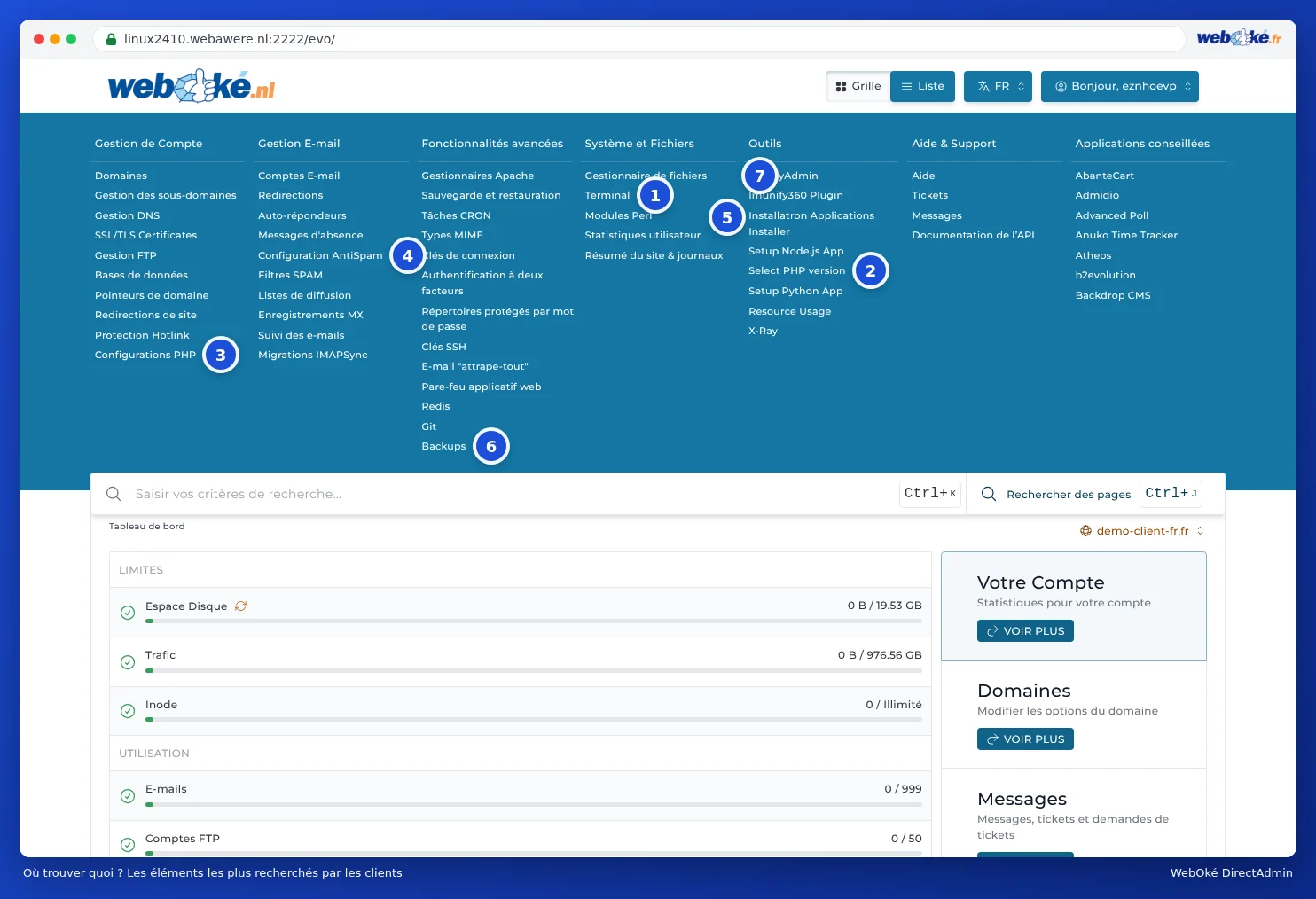 Le menu de DirectAdmin avec des repères numérotés pour Terminal, Select PHP version, PHP Instellingen, SpamAssassin instellen, Installatron, Backups et Bestandsbeheer