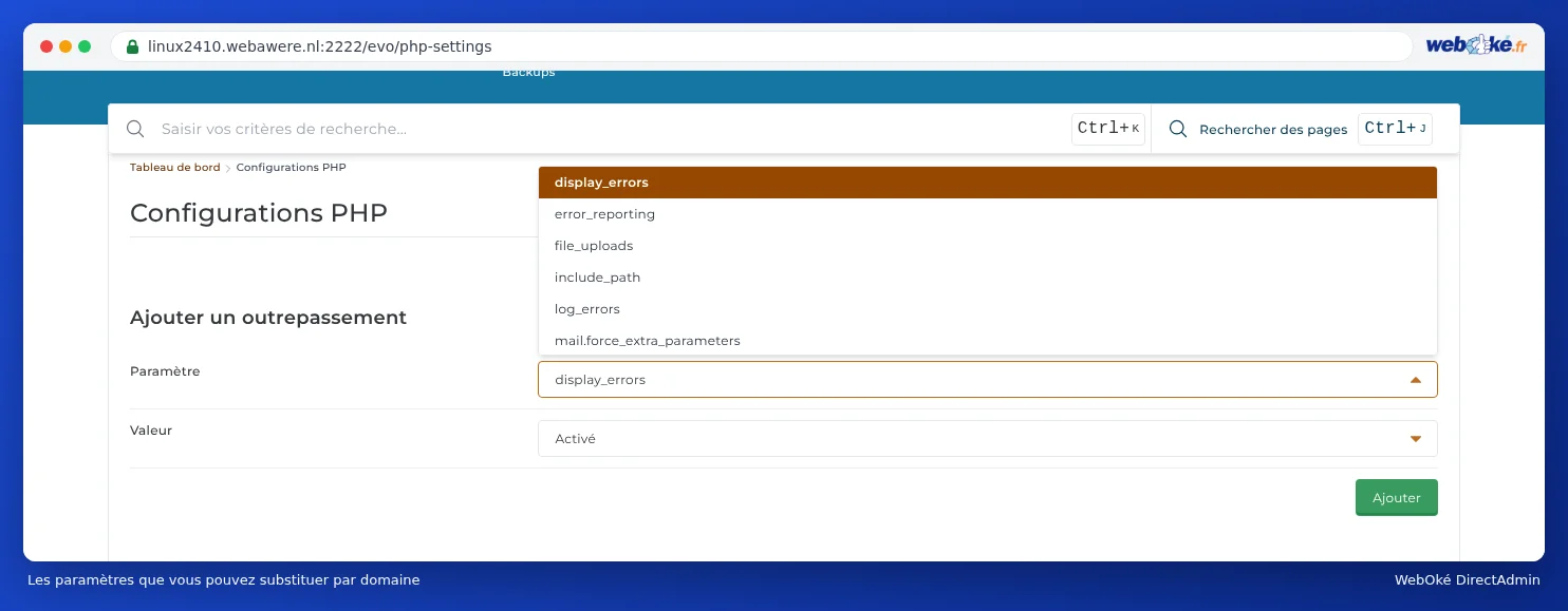 La liste ouverte à Paramètre avec display_errors, error_reporting, file_uploads, include_path, log_errors et mail.force_extra_parameters
