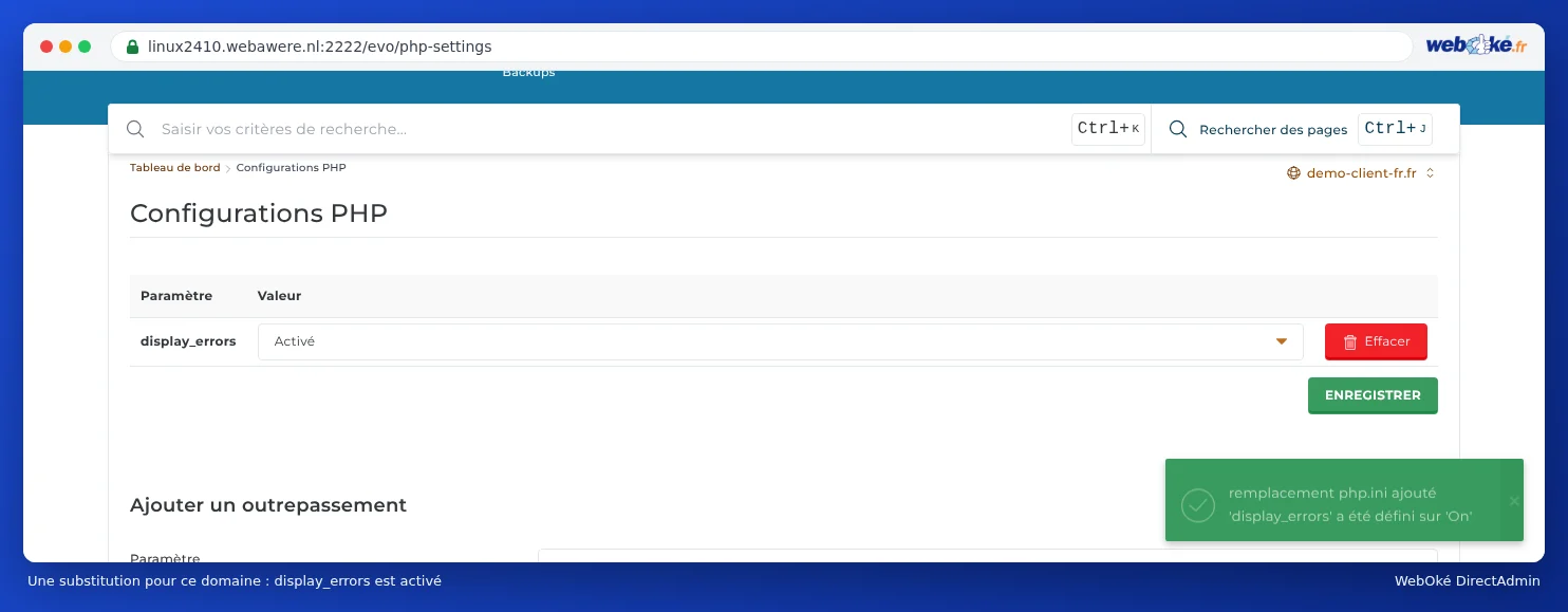 Configurations PHP avec en haut l'outrepassement display_errors avec la valeur Op et le bouton Supprimer, et en dessous à nouveau le bloc Ajouter un outrepassement