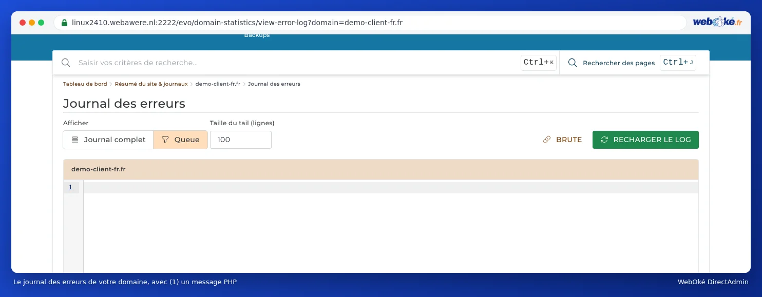 Le journal des erreurs du domaine d'exemple voorbeelddomein5.nl avec en bas une ligne PHP Warning contenant le chemin du fichier et le numéro de ligne