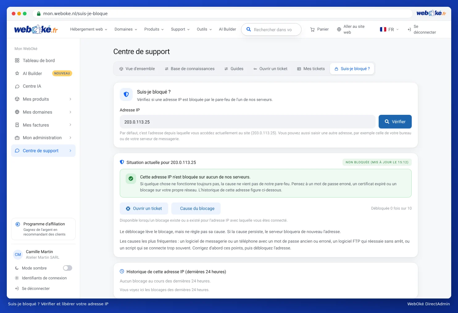 La page Suis-je bloqué dans Mon WebOké avec l'adresse IP et le bouton Vérifier