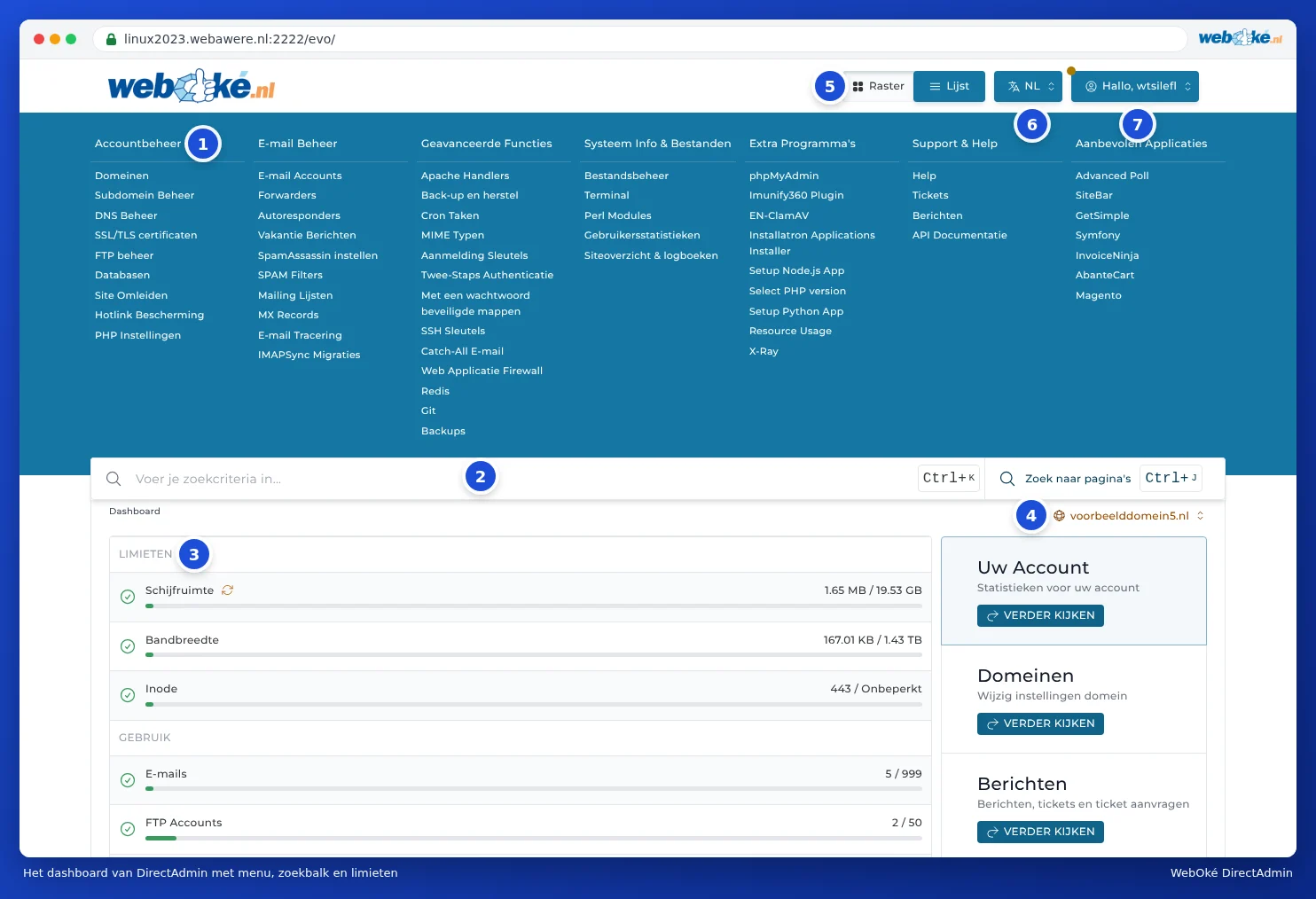 The DirectAdmin dashboard with the menu at the top, the search bar below it, your package limits on the left, and the buttons for display, language and the user menu in the top right
