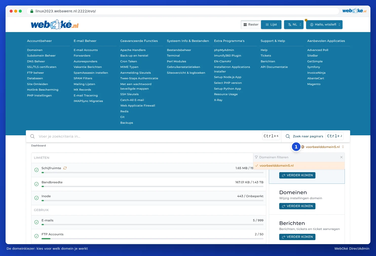 The open domain selector at the top right with the Filter domains field and the list of domains