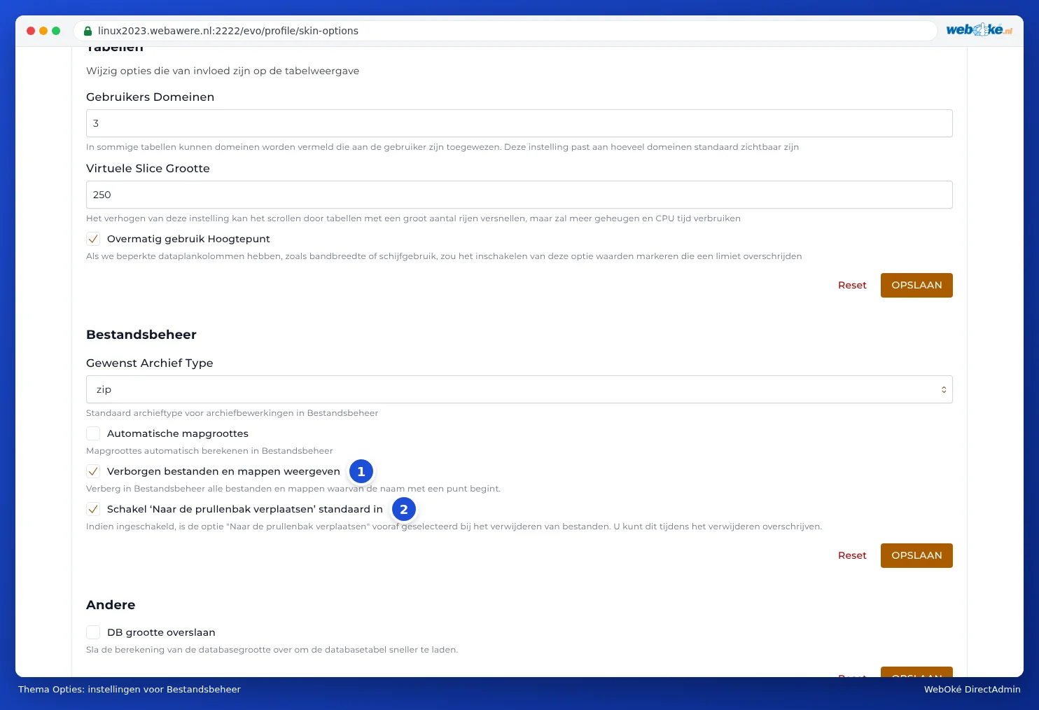 Le bloc Gestionnaire de fichiers dans Options d'interface avec les réglages pour le type d'archive, la taille des répertoires, les fichiers cachés et la corbeille